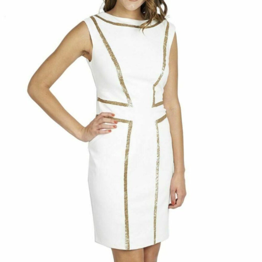 Joseph Ribkoff Ecru/Gold Sequined Boat Neck Cap Sleeve Cocktail Dress